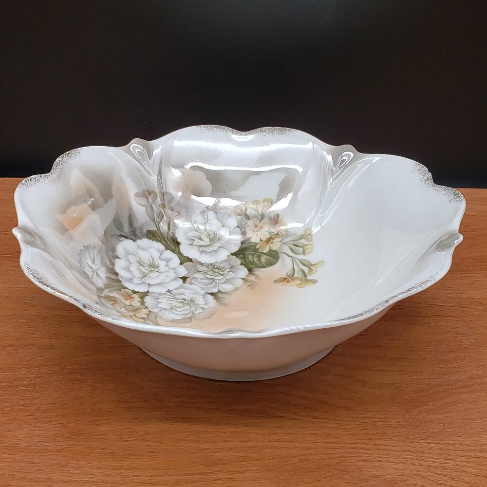 Antique German Porcelain Bowl 11" Petal Rim Floral Gold Centerpiece c1900 (Chip)